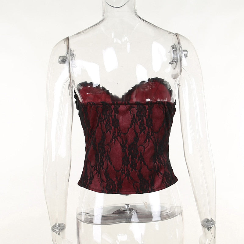 Burgundy strapless corset top with black floral lace displayed from the back on a mannequin.