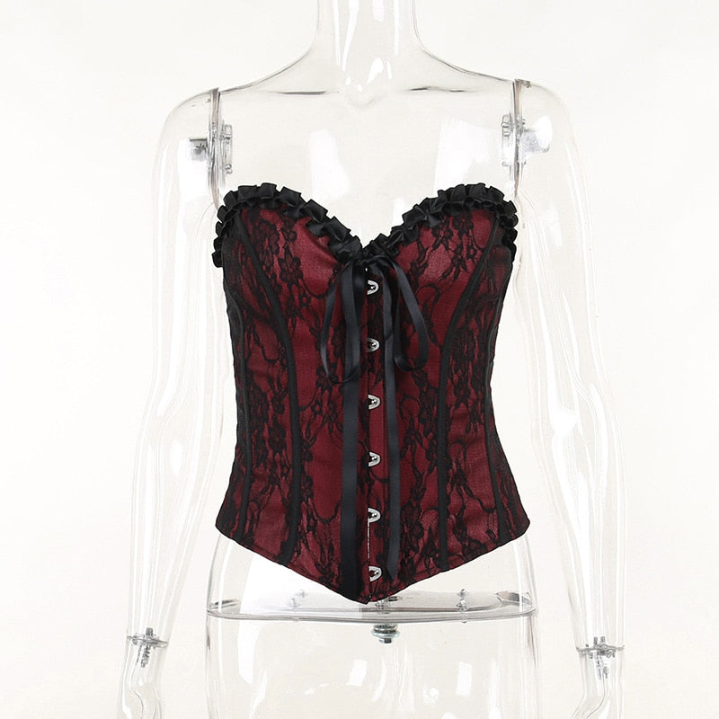 Burgundy strapless corset top with black floral lace displayed from the front on a mannequin.