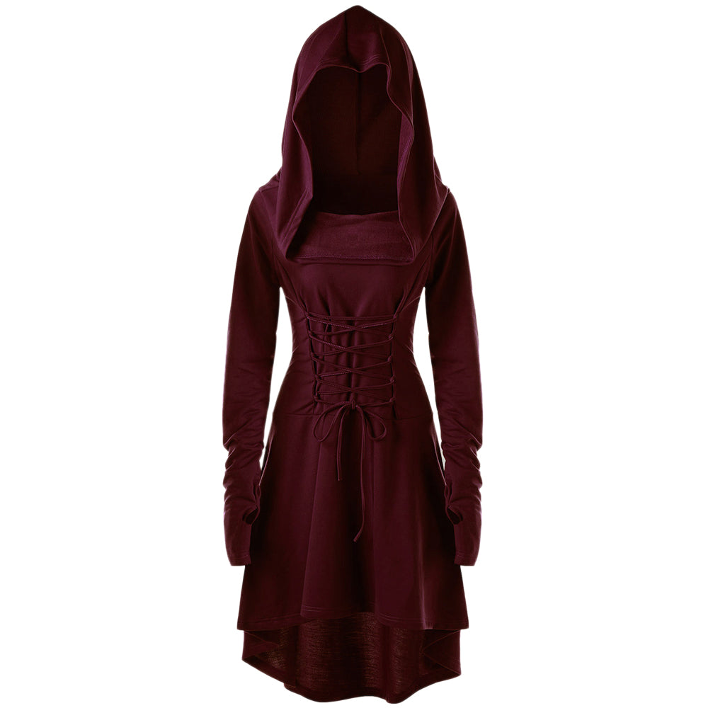 Burgundy cowl hooded dress shown from the front with matching cord lacing and a raised hood.