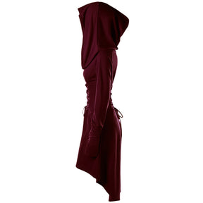 Side view of the burgundy hooded dress, showing the deep hood, shaped waist and high-low hem.