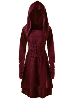 Burgundy lace-up hooded dress displayed in a full front view with long sleeves beside the flared skirt.