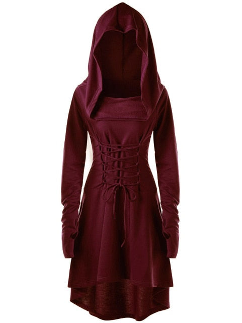 Burgundy lace-up hooded dress displayed in a full front view with long sleeves beside the flared skirt.