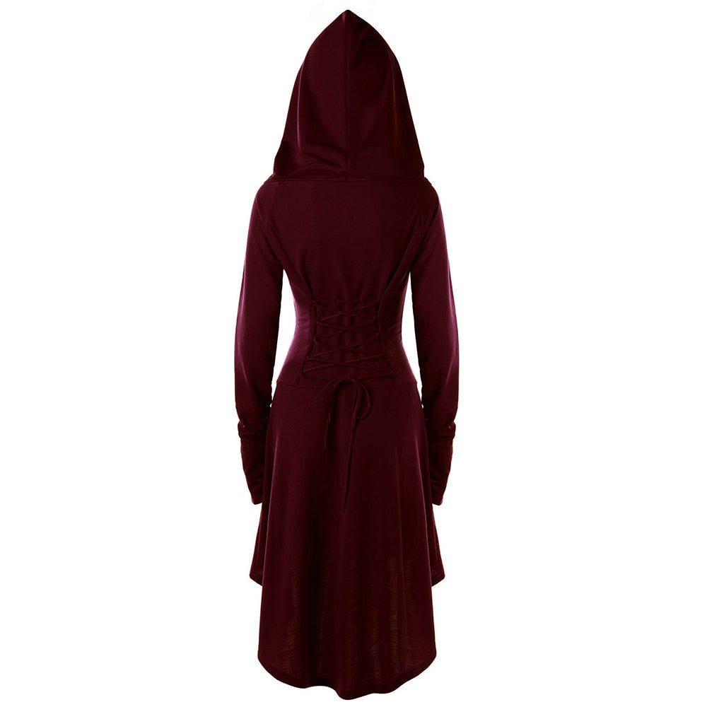 Back view of the burgundy dress with the hood raised and matching lacing across the waist.