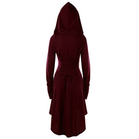 Back view of the burgundy dress with the hood raised and matching lacing across the waist.