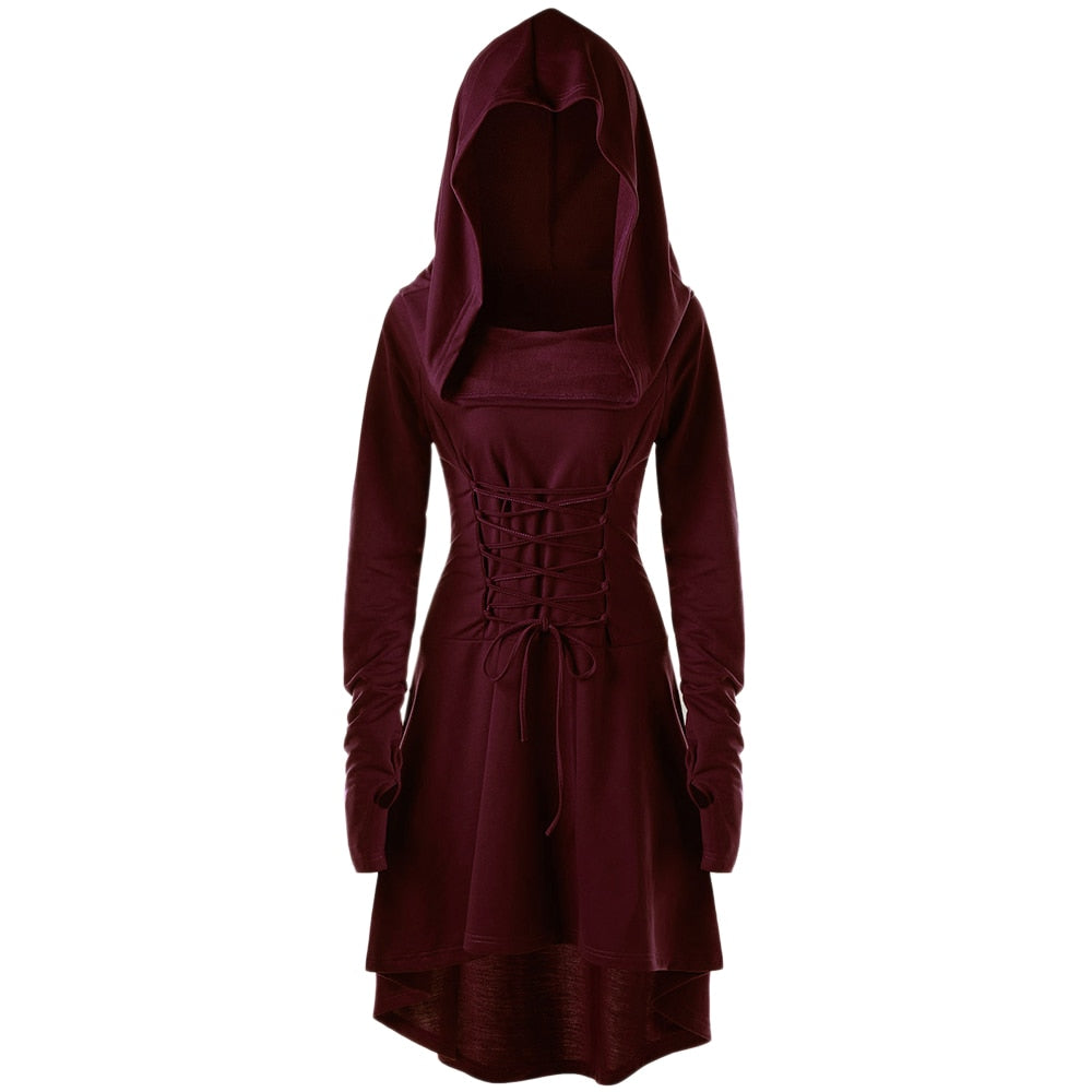 Burgundy cowl hooded dress in another front view, showing the matching waist cords and longer back hem.