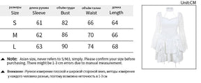 Size chart for the Dark Chapel dress in S, M and L. Measurements in centimetres list sleeves 61, 62 and 63; bust 82, 86 and 90; waist 66, 70 and 74; and length 64, 66 and 68, with a white dress reference image.