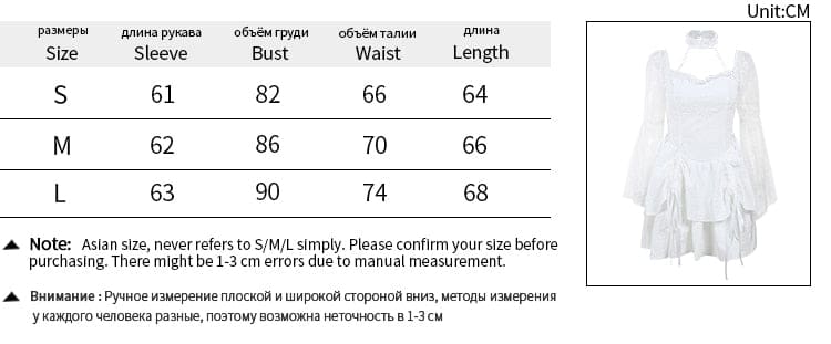 Size chart for the Dark Chapel dress in S, M and L. Measurements in centimetres list sleeves 61, 62 and 63; bust 82, 86 and 90; waist 66, 70 and 74; and length 64, 66 and 68, with a white dress reference image.