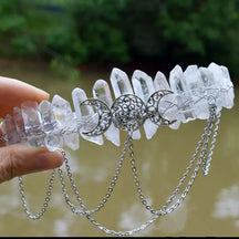 Clear and milky-white crystal points on a silver-tone triple-moon chain headpiece.