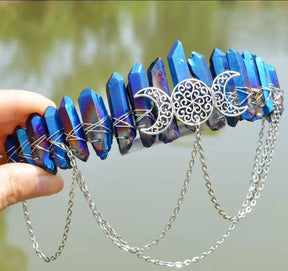 Cobalt blue pointed stones on a silver-tone triple-moon goddess crown.
