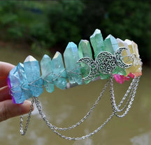 Pastel rainbow points on a chained crown, with lavender, blue, green and yellow tones.
