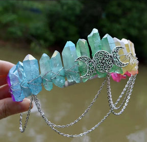 Pastel rainbow points on a chained crown, with lavender, blue, green and yellow tones.