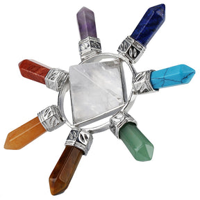 Angled view of the chakra-inspired arrangement, showing outward-facing points in purple, blue, green and warm tones.