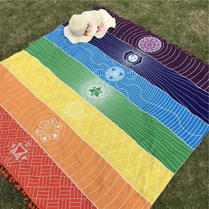 Meditation Rainbow Chakra System Floor Mat Yoga Wall Tapestry Art Hanging Home Decor Mandala Sacred Geometry Namaste by Arcane Trail