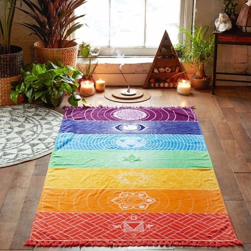 Meditation Rainbow Chakra System Floor Mat Yoga Wall Tapestry Art Hanging Home Decor Mandala Sacred Geometry Namaste by Arcane Trail