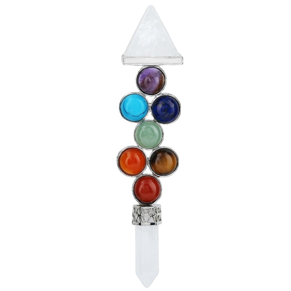 Full upright view of the clear quartz chakra wand, showing the pyramid at the top and pointed tip beneath the colourful accents.