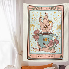 Pastel Coffee tapestry hanging above a bed beside a bright window, with pink hands and roses around a pale blue cup.