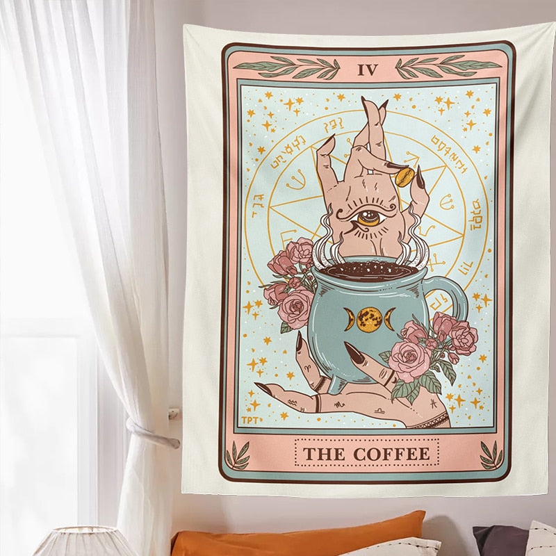 Pastel Coffee tapestry hanging above a bed beside a bright window, with pink hands and roses around a pale blue cup.