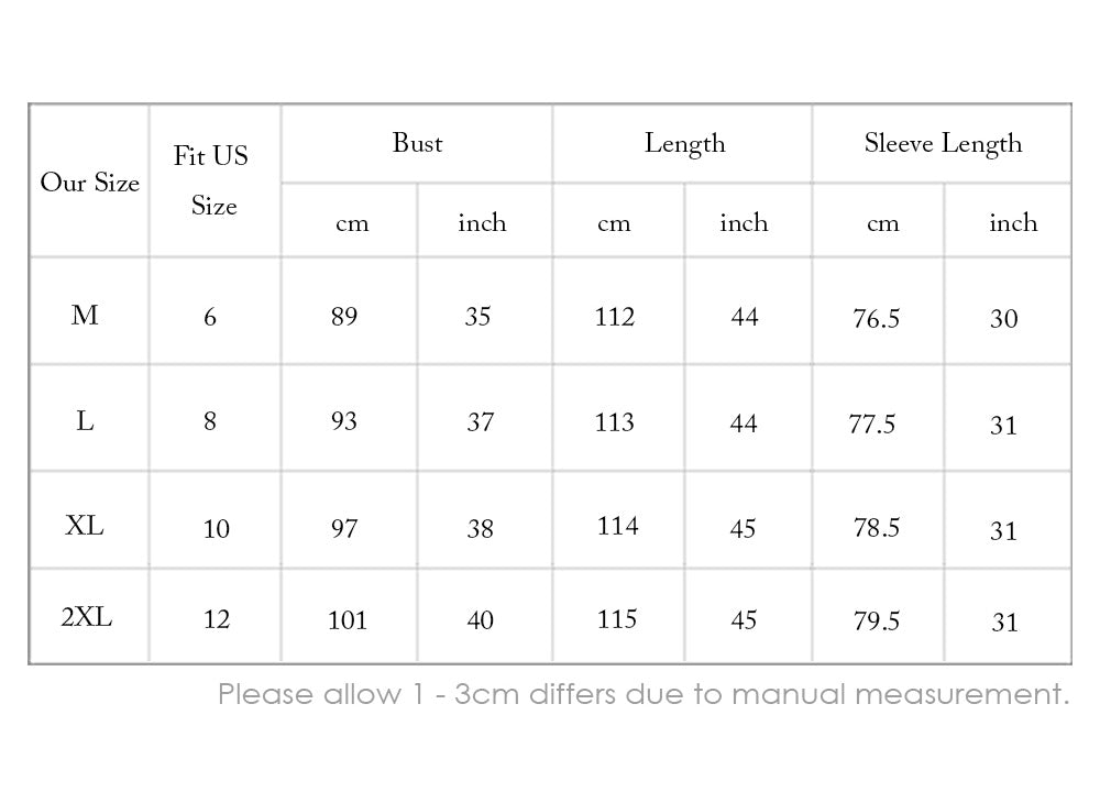 Size chart for the cowl hooded dress, showing bust, length and sleeve measurements for M through XXL.