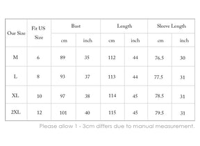 Size chart for the cowl hooded dress, showing bust, length and sleeve measurements for M through XXL.