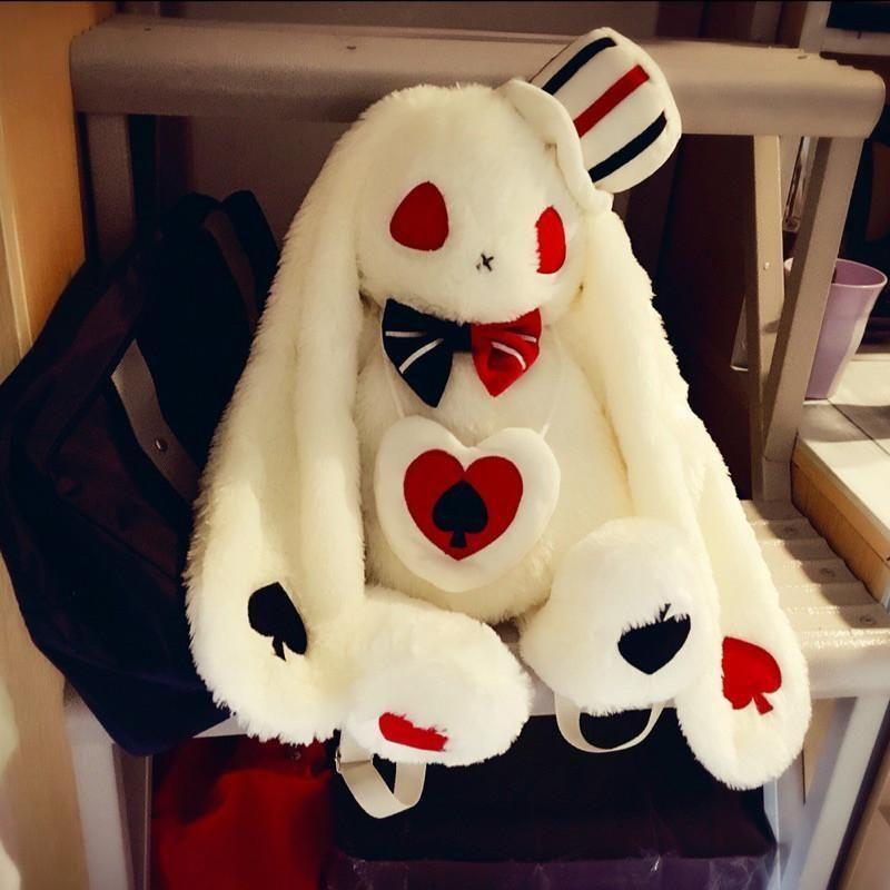Creepy Evil White Bunny Rabbit Backpack Plush Cards Poker Playing Mad Hatter Alice in Wonderland