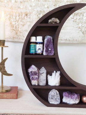 Crescent moon shelf crystal display close-up