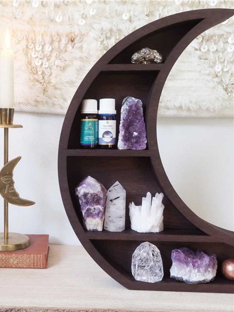 Crescent moon shelf crystal display close-up
