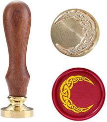 Crescent moon wax seal head and wooden handle, with a red wax sample showing the curved lunar motif.