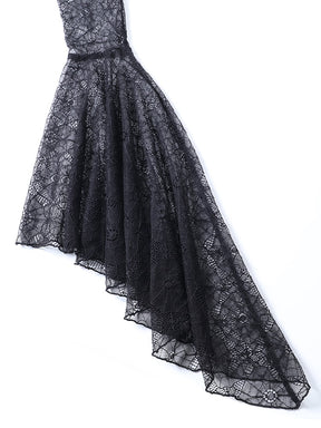 Single black lace bell sleeve spread out to show its wide flare and long pointed outer edge.