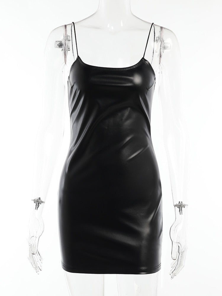 Glossy black bodycon mini dress alone on a transparent mannequin, with thin straps and a scoop neckline.
