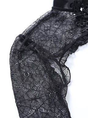 Black spiderweb lace at the overlay's shoulder, with stitched edging along the cropped body.