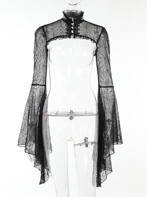 The separate black lace shoulder overlay on a transparent mannequin, showing its open front beneath the high collar.