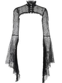 Black spiderweb lace overlay alone on white, with a high collar, ornate fastenings and long pointed bell sleeves.