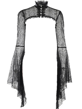 Black spiderweb lace overlay alone on white, with a high collar, ornate fastenings and long pointed bell sleeves.