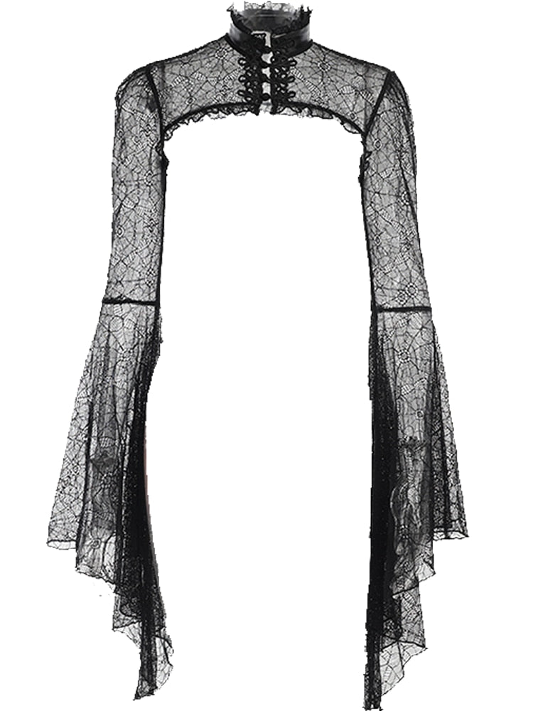 Black spiderweb lace overlay alone on white, with a high collar, ornate fastenings and long pointed bell sleeves.