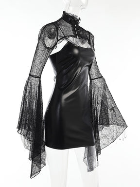 Angled mannequin view showing the fitted black dress under a lace overlay with long flared sleeves.