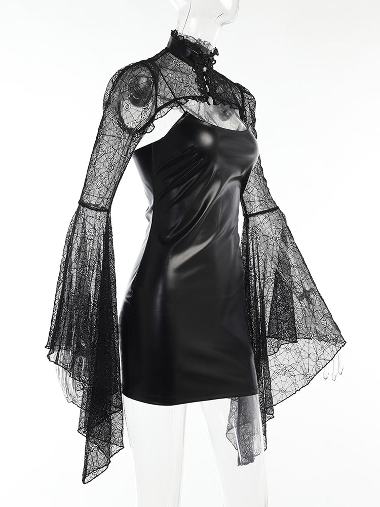 Angled mannequin view showing the fitted black dress under a lace overlay with long flared sleeves.