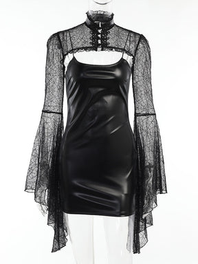 Front mannequin view of the glossy black mini dress paired with the sheer spiderweb lace overlay.