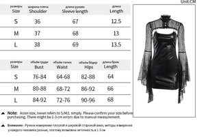 Dark Abyss set size charts for S, M and L, with separate measurements for the lace overlay and fitted mini dress.