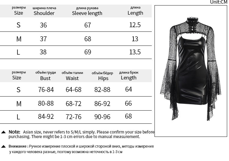 Dark Abyss set size charts for S, M and L, with separate measurements for the lace overlay and fitted mini dress.