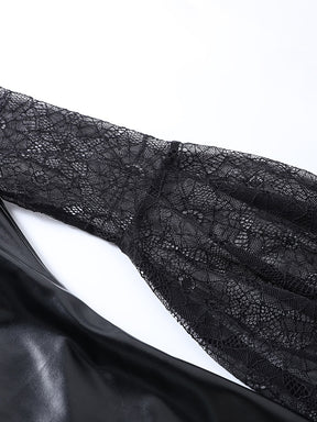 Spiderweb lace sleeve laid flat beside the glossy black dress, showing the fitted upper arm and flared lower section.