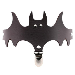 Dark brown bat-shaped garter with a matching narrow band and silver-tone clip below the face.