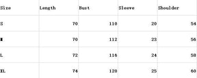 Size chart for the oversized anime T-shirt, listing S, M, L and XL with columns for length, bust, sleeve and shoulder measurements.