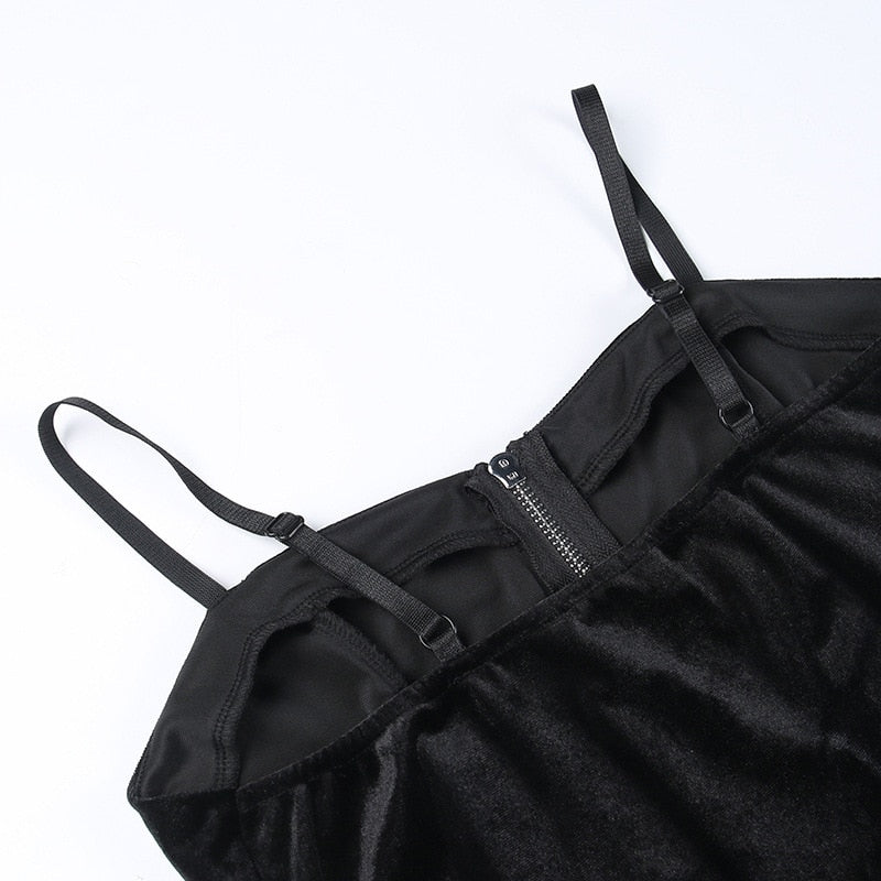 Dark Kitten black hooded sweater and lace skirt separates showing adjustable straps on the separate camisole; camisole not included.