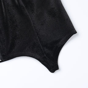 Dark Kitten black hooded sweater and lace skirt separates with a close view of the separate camisole hem; camisole not included.