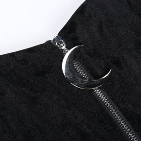 Dark Kitten black hooded sweater and lace skirt separates showing the moon zipper pull on the separate camisole, which is not included.