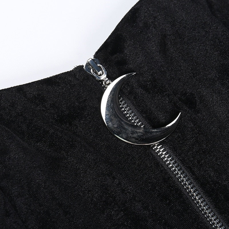 Dark Kitten black hooded sweater and lace skirt separates showing the moon zipper pull on the separate camisole, which is not included.