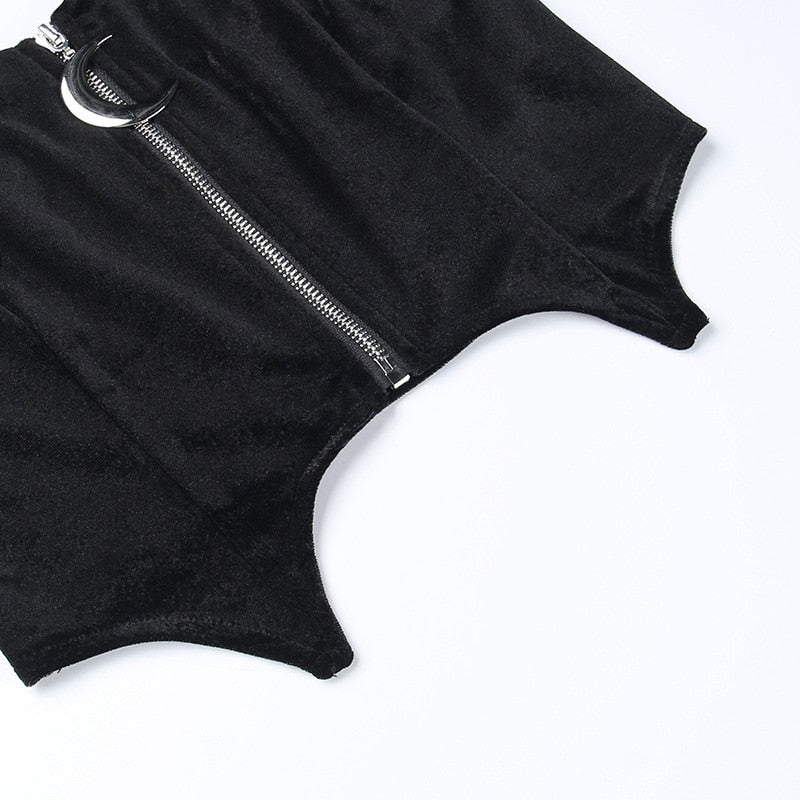 Dark Kitten black hooded sweater and lace skirt separates showing the pointed hem and zip on the separate camisole; camisole not included.