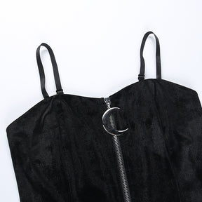 Dark Kitten black hooded sweater and lace skirt separates with a close view of the separate camisole straps; camisole not included.