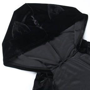 Dark Kitten black hooded sweater and lace skirt separates with a close view of the pointed cat ears on the hood.
