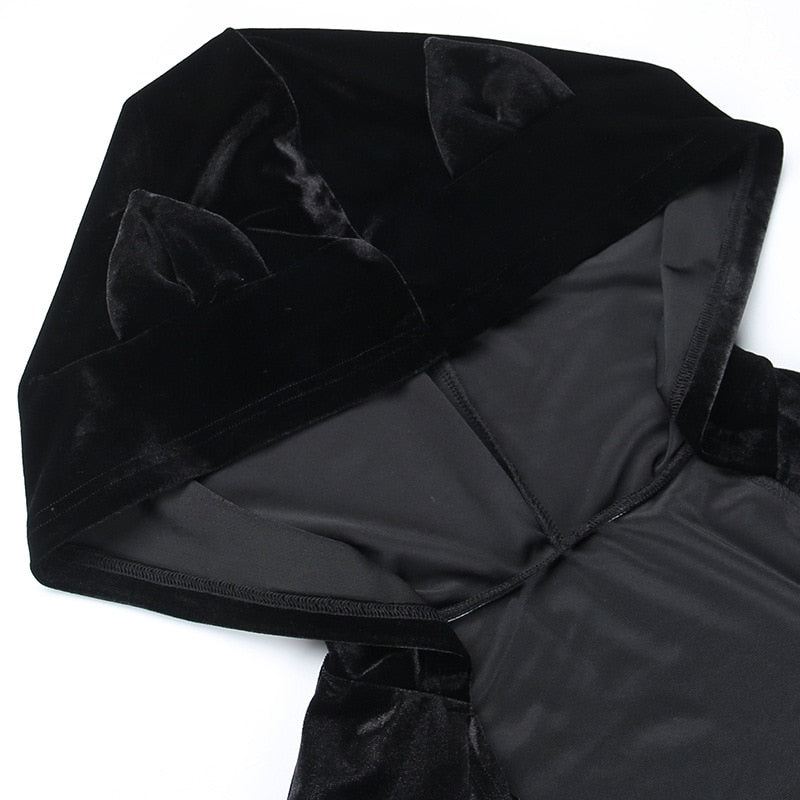 Dark Kitten black hooded sweater and lace skirt separates with a close view of the pointed cat ears on the hood.